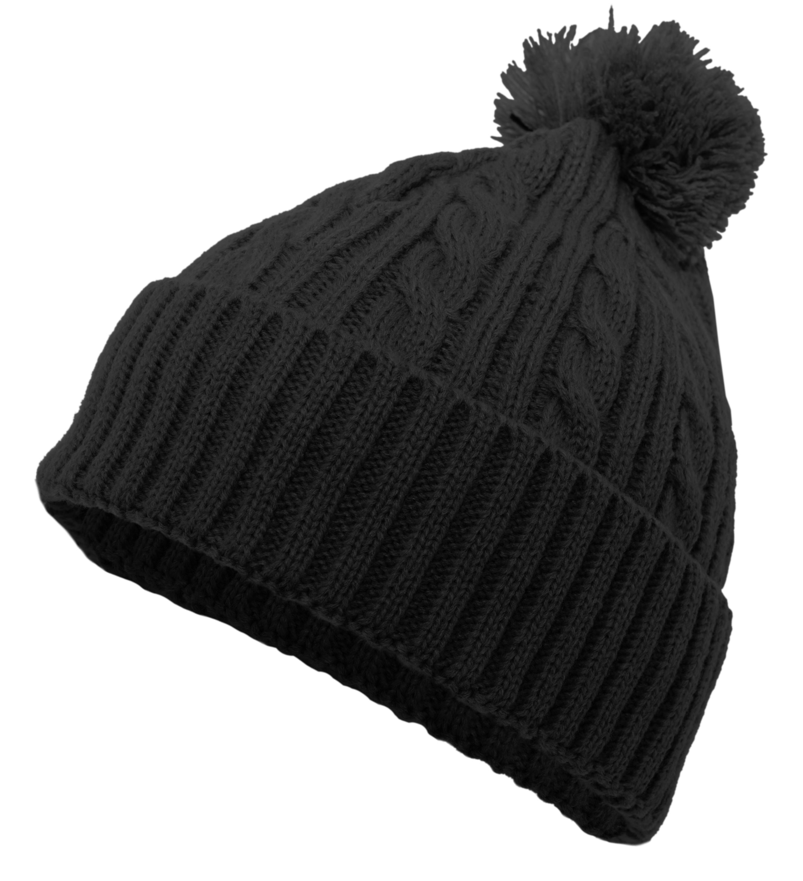Cable Knit Pom-Pom Beanie - OS - BLACK