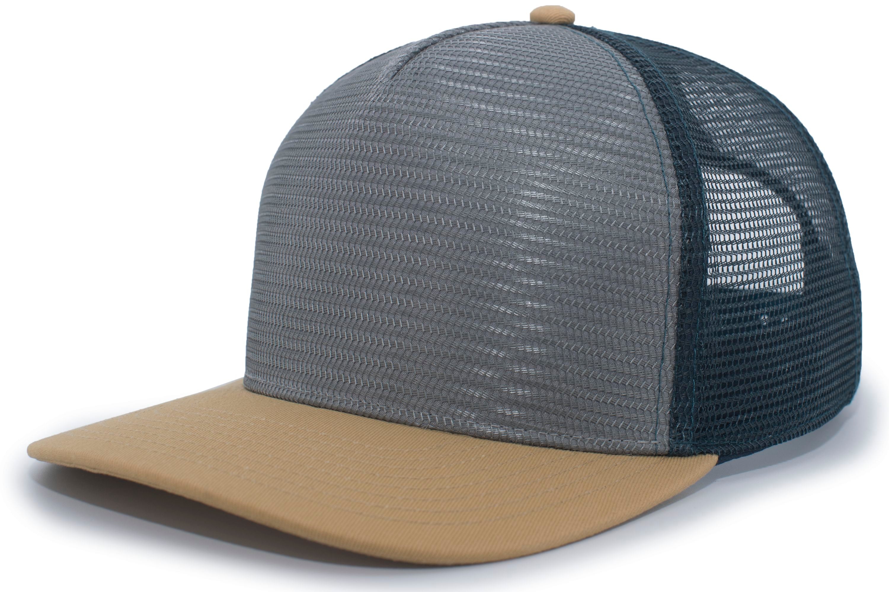 5-Panel Mesh Overlay Trucker Snapback - OS - GOLD/GRAY/SLATE BLUE